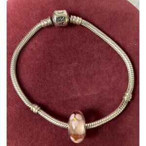 Pandora Sterling Silver Moments Snake Bracelet & Glass Bead Charm 7.25" #64317